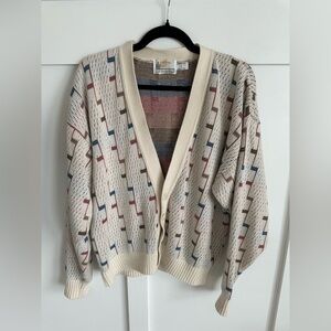 Vintage London Fog Patterned Cream Cardigan Sweater Size Large